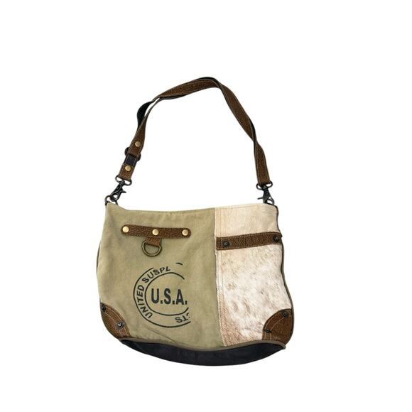 Myra Bag Factual Upcycled Canvas & Cowhide/Fur Shoulder Messenger Purse - Picture 1 of 8